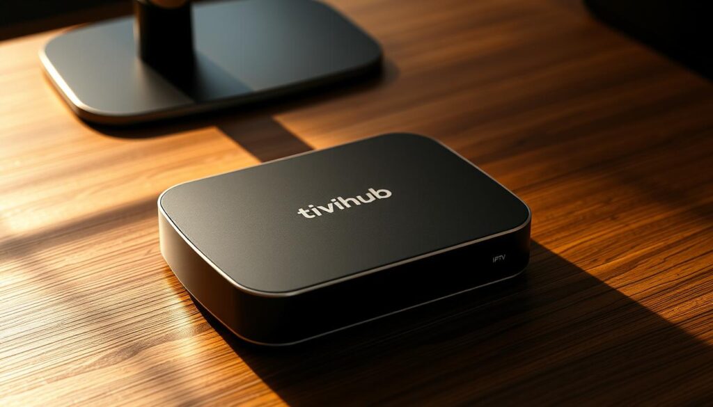 A sleek and modern IPTV Mag device sits prominently on a minimalist, wood-grain desk, bathed in warm, directional lighting that casts subtle shadows. The device's clean, rectangular silhouette is accentuated by its matte black finish, accented by silver trim. The Tivihub logo is prominently displayed on the front panel, denoting its brand identity. The device is positioned to capture the user's attention, conveying a sense of technological sophistication and connectivity. The image aims to showcase the IPTV Mag device as a centerpiece of a modern, tech-savvy setup, ready to deliver a seamless streaming experience.