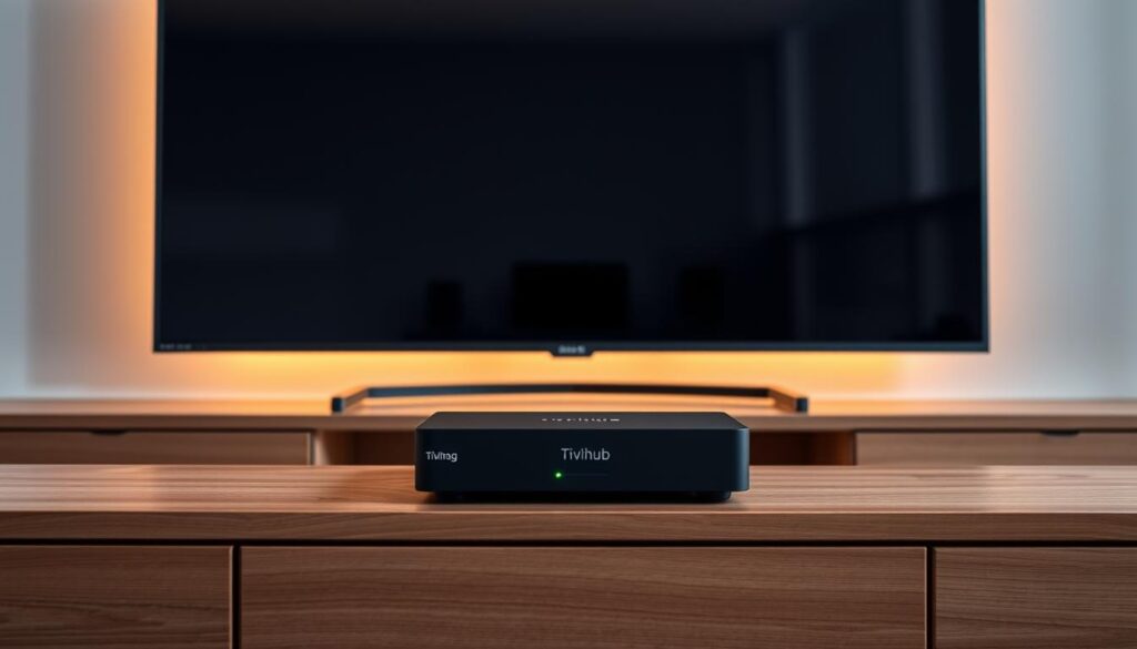 An IPTV Mag setup with a Tivihub set-top box resting on a modern, minimalist wooden TV stand. The box has a sleek, matte black finish and an LED indicator light. The stand is positioned in front of a large, wall-mounted flatscreen TV, bathed in warm, diffused lighting. The setup is surrounded by a clean, uncluttered space, with a subtle grey or white wall backdrop, conveying a sense of simplicity and functionality. The overall scene evokes a contemporary, technology-driven home entertainment environment.
